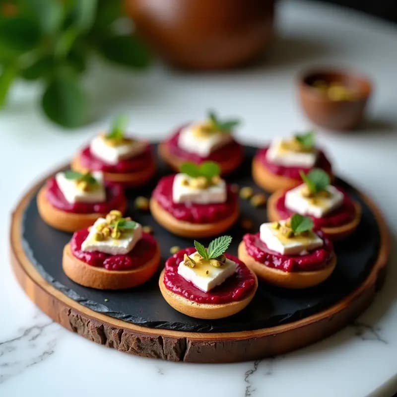Canapés de Pan de Centeno con Puré de Remolacha y Queso de Cabra: Aperitivo Colorido