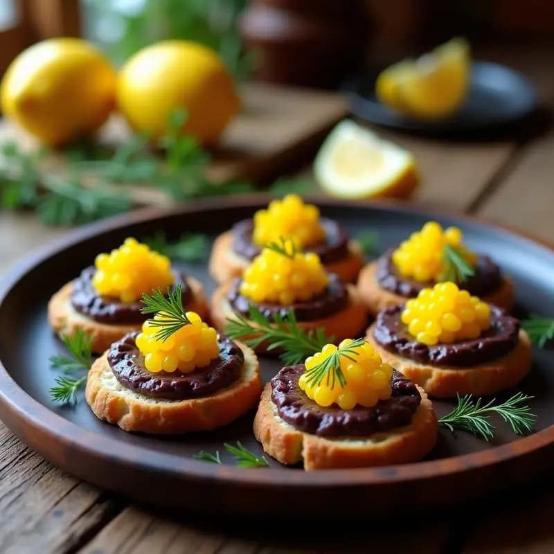 Canapés de Pan de Cristal con Pate de Berenjena Ahumada y Caviar de Limón: Aperitivo Elegante