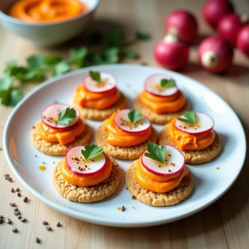 Canapés de Pan de Lino con Hummus de Zanahoria y Rábanos: Aperitivo Crudivegano en 10 Minutos