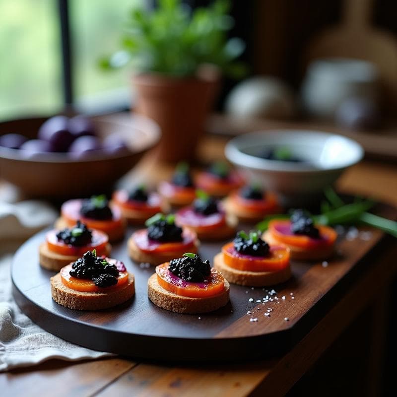 Canapés de Patata Morada y Caviar de Berenjena: Receta Vegana Gourmet para Fiestas