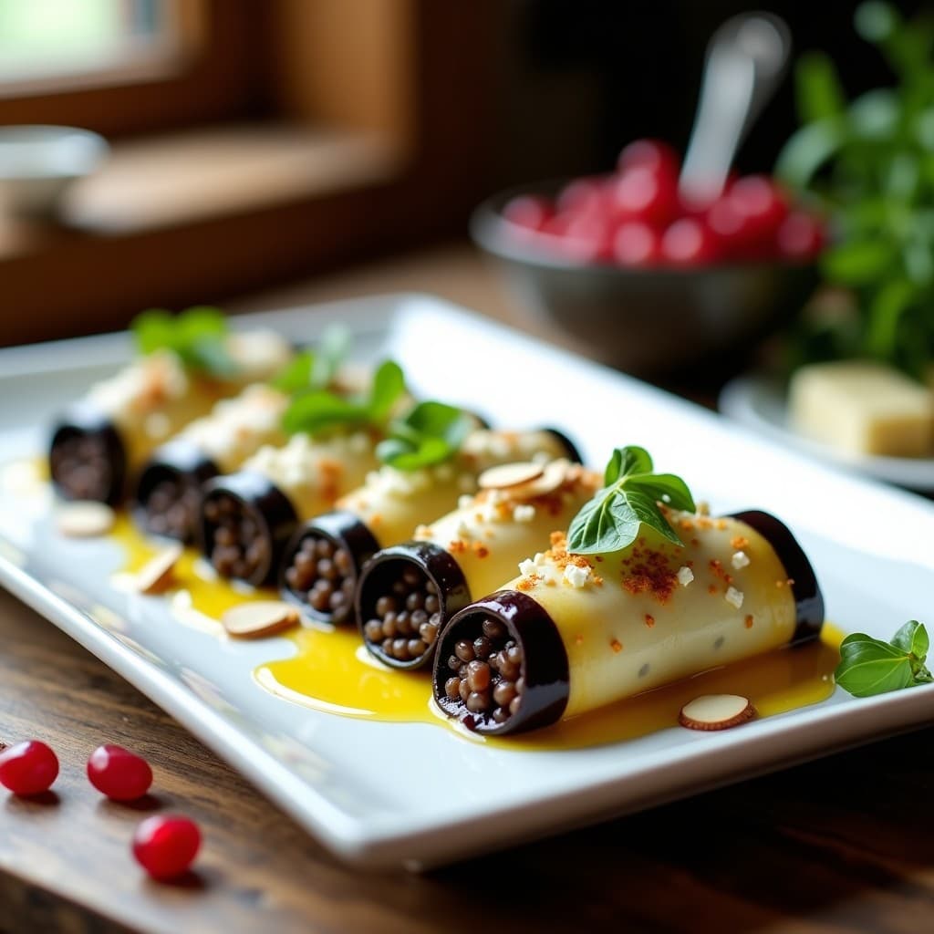 Canelones de Berenjena Rellenos de Lentejas Beluga y Queso de Cabra: Receta Sin Horno