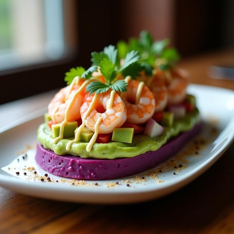 Causa Limeña de Batata Morada con Relleno de Aguacate y Langostinos: Receta Peruana en Thermomix