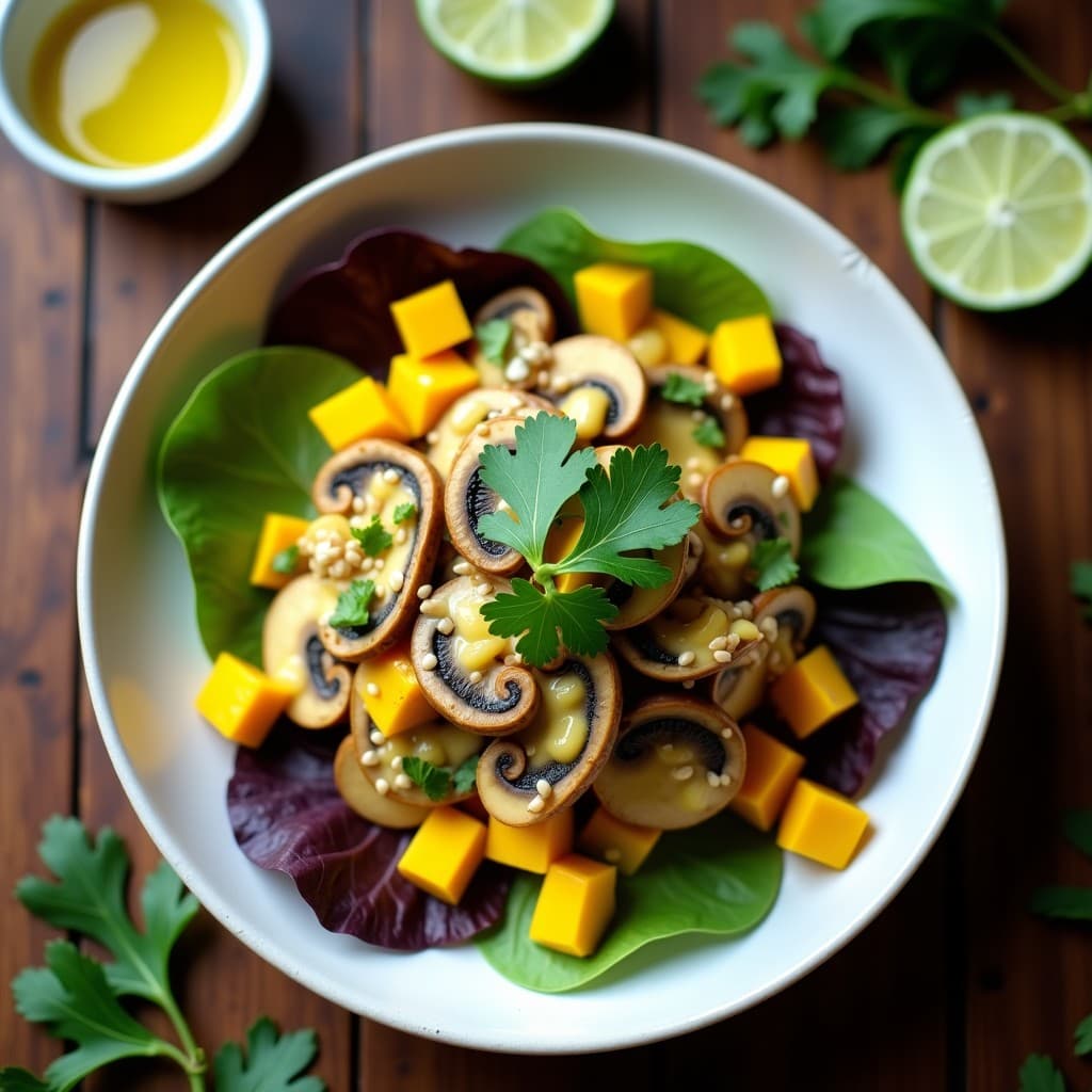 Ceviche de Champiñones Portobello y Mango: Entrante Vegano con Leche de Tigre de Aguacate