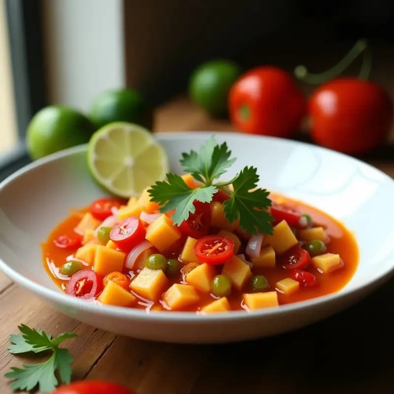 Ceiche de Chuño y Tomates Secos con Leche de Tigre de Aji Rocoto: Receta Boliviana Vegana Sin Pescado