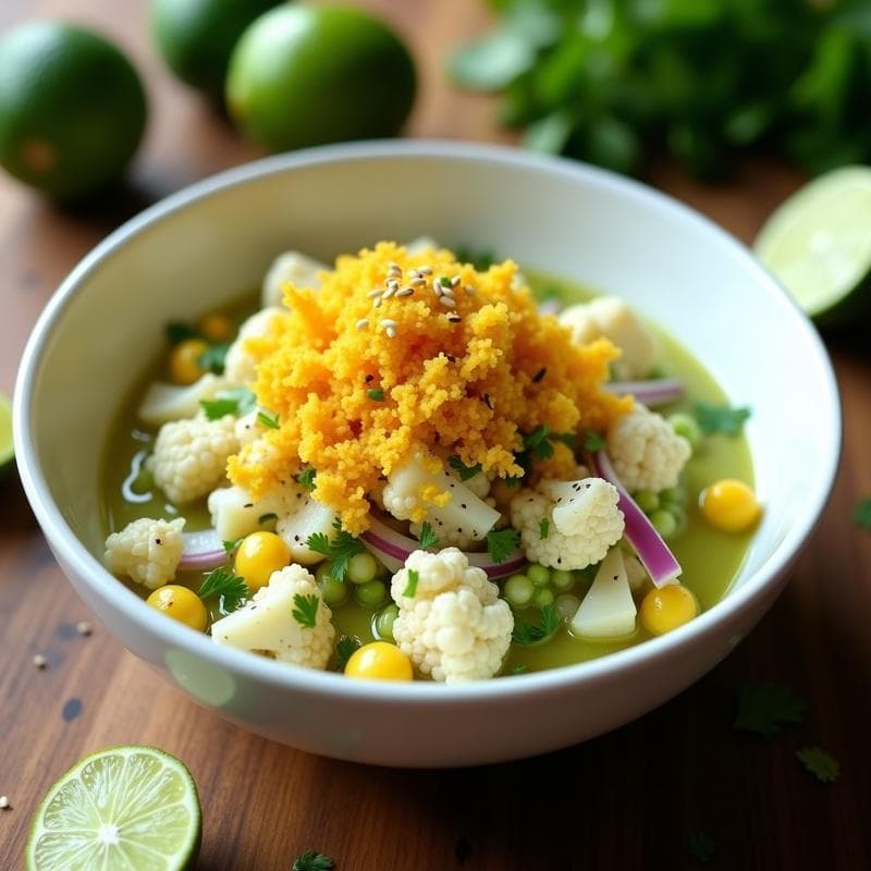 Ceviche de Coliflor y Lima con Crujiente de Maíz: Receta Vegana Peruana Sin Cocción en 10 Minutos