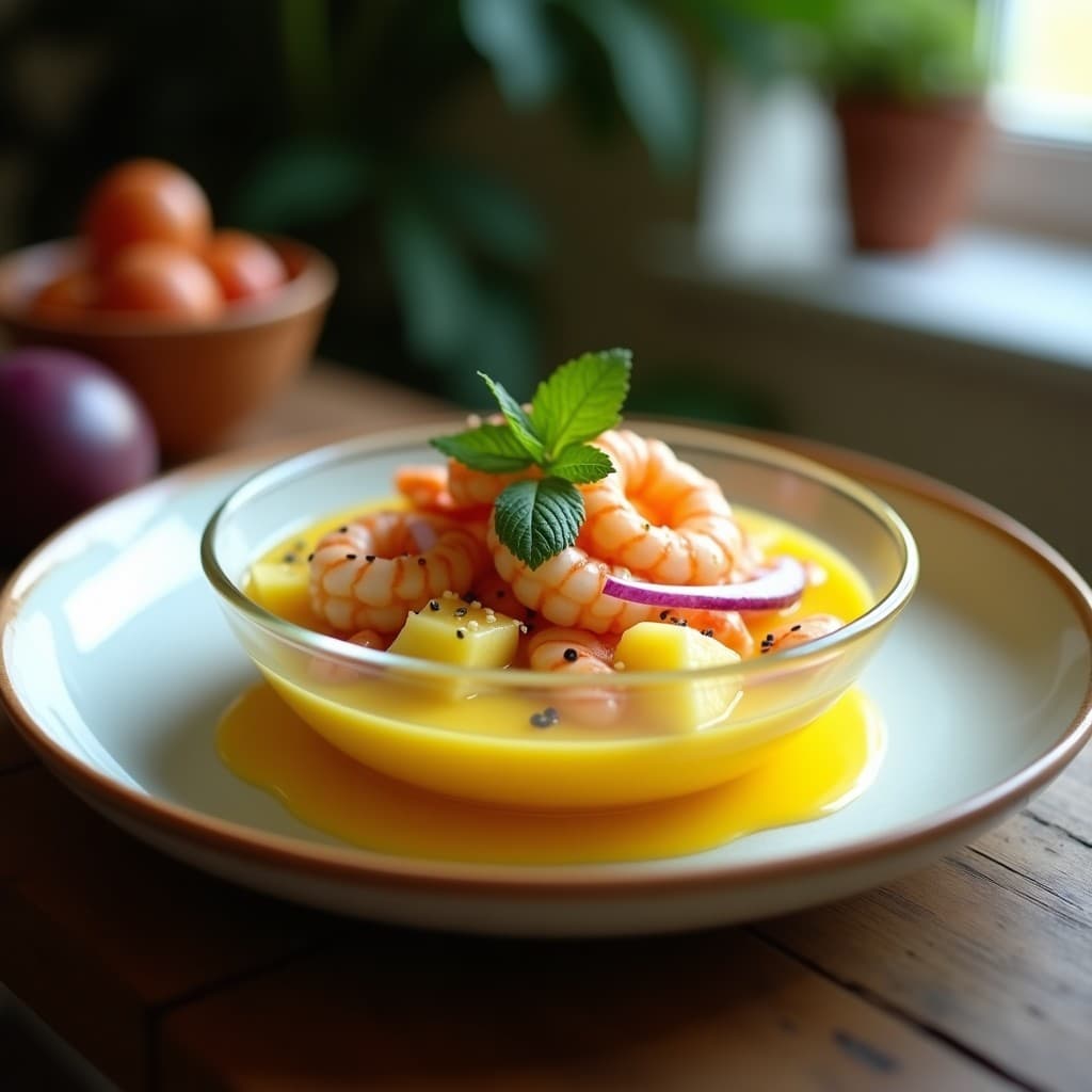 Ceviche de Piña y Langostinos con Leche de Tigre de Maracuyá: Receta Peruana Tropical y Sin Lactosa