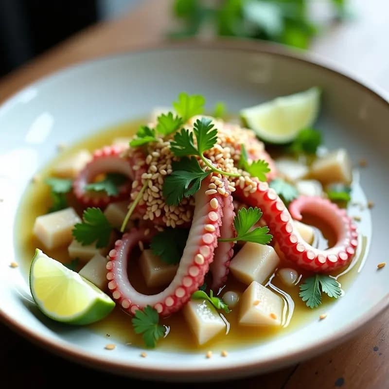 Ceviche de Pulpo con Limón Verde y Piquillo: Receta Española Vanguardista y Sin Cocinar