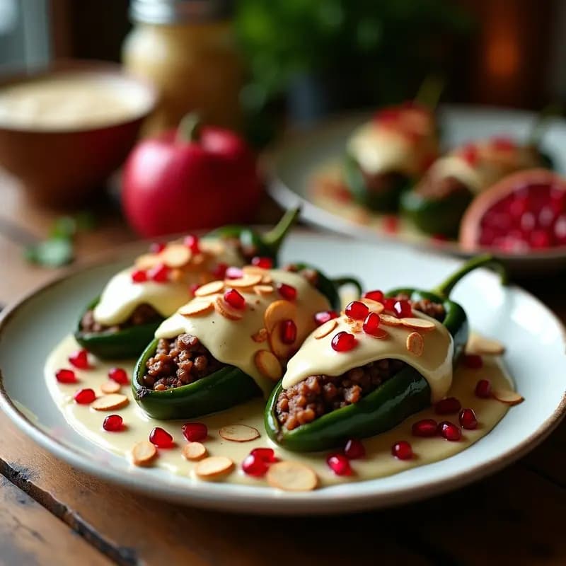 Chile en Nogada Vegano: Relleno de Picadillo de Hongos y Granados