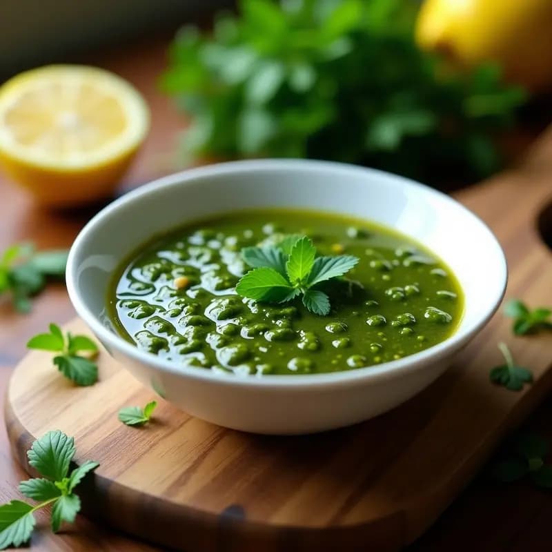 Bol de cerámica blanca con chimichurri argentino de color verde vibrante, hierbas frescas picadas, trozos de ajo y cebolla morada, bañado en aceite de oliva. Salsa versátil lista para servir, con fondo de tabla de madera rústica y limones cortados.