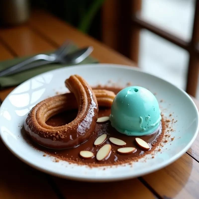 Churros con Chocolate y Helado de Turquesa: Postre Mexicano-Español Ultraindulgente