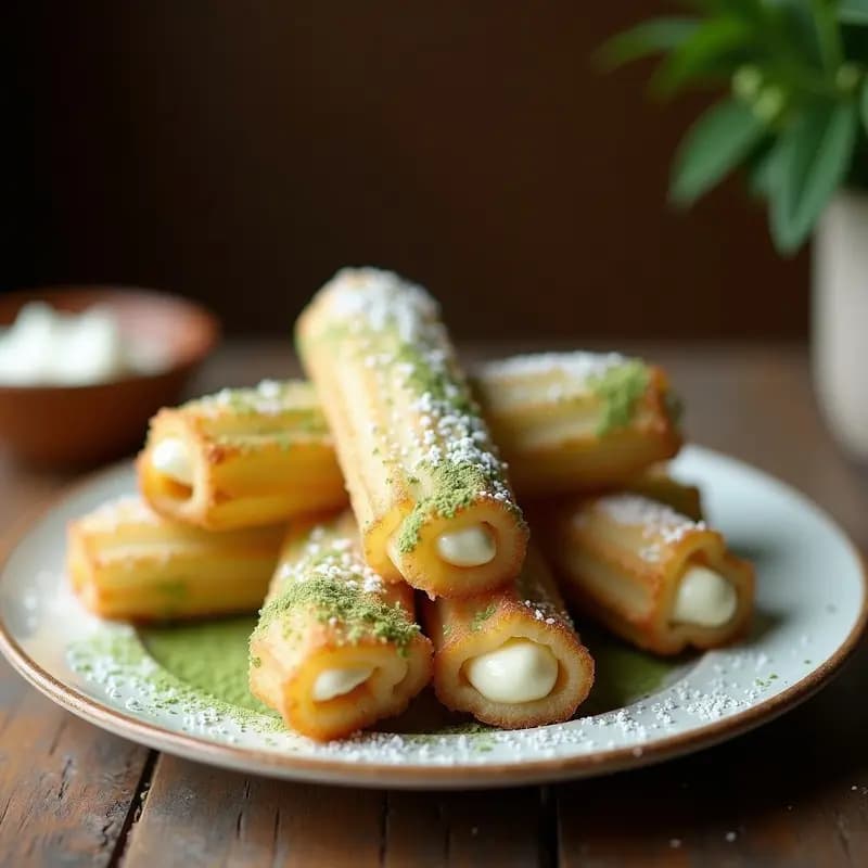 Churros de Matcha Rellenos de Crema de Coco: Postre Mexicano-Japonés Sin Lácteos