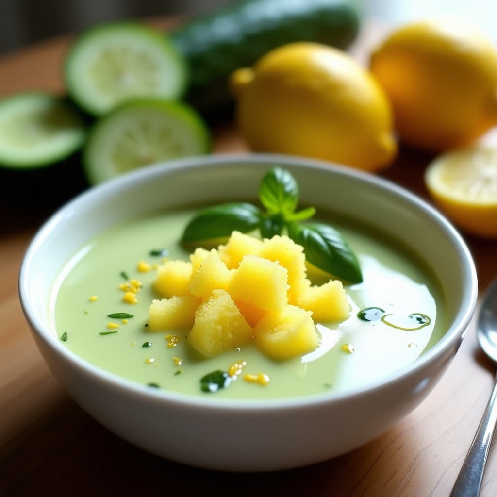 Crema Fría de Pepino y Albahaca con Granizado de Limón: Sopa Veraniega Sin Lácteos en 10 Minutos