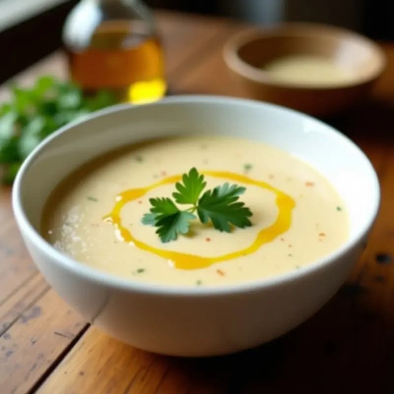 Bowl blanco con crema de palmito de corazón suave y cremosa, decorada con cilantro fresco picado y un hilo de aceite de oliva, sobre fondo de madera rústica.