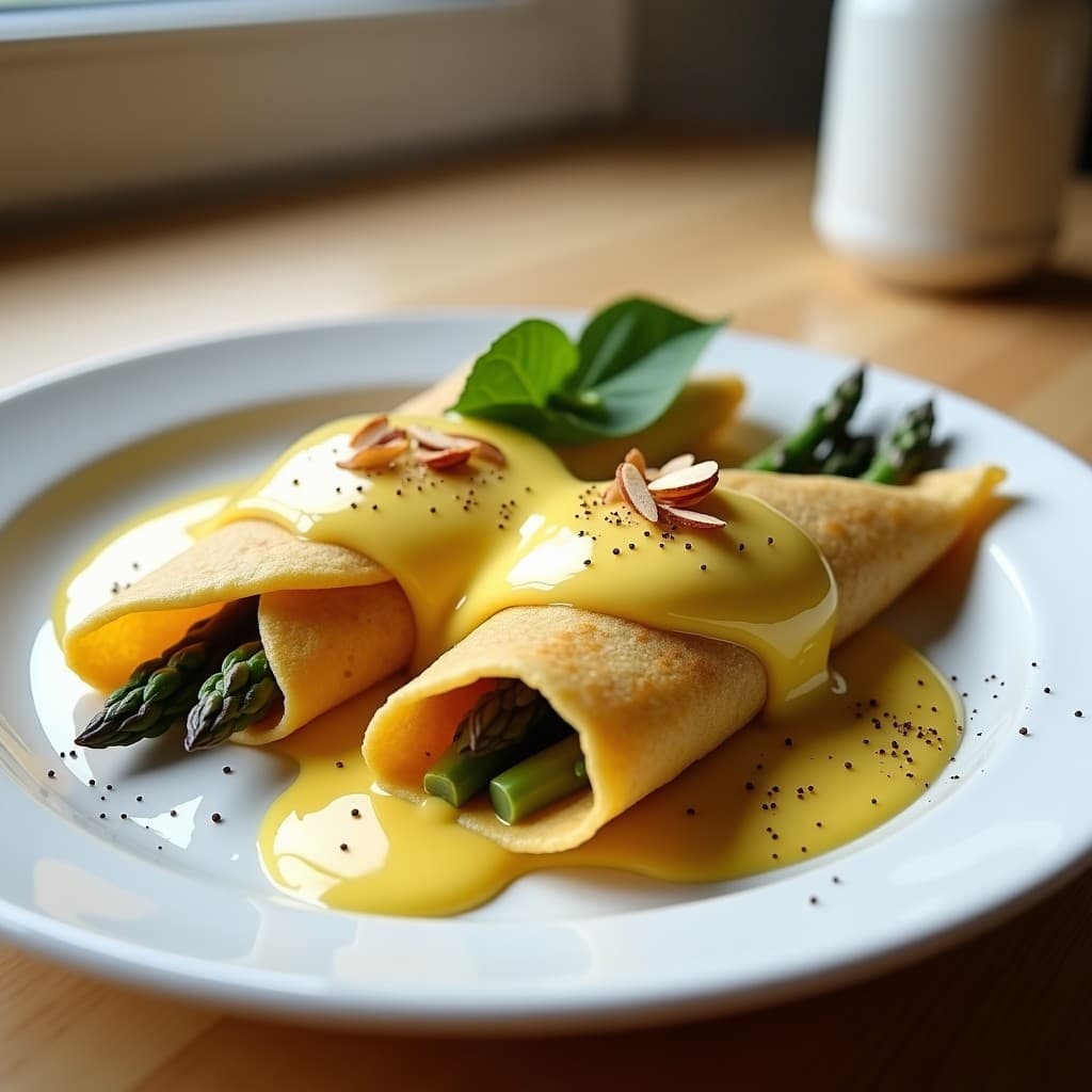 Crepe de Lentejas Rojas con Relleno de Espárragos y Salsa Holandesina Vegana: Desayuno Francés Sin Gluten