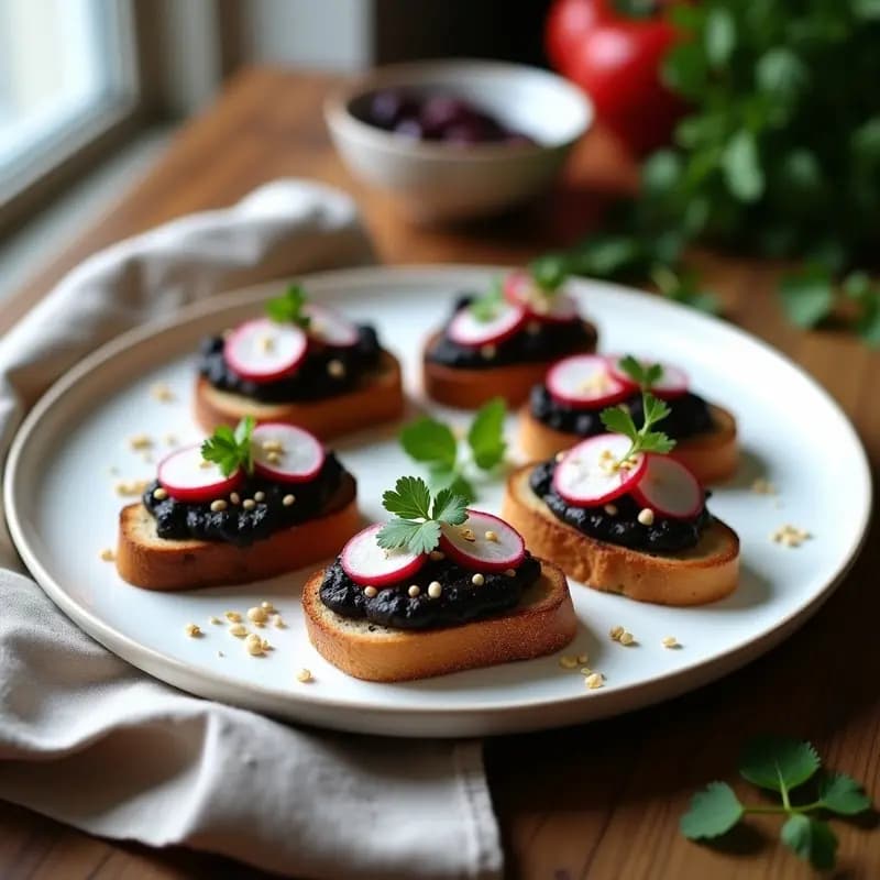 Crostini de Pan de Centeno con Puré de Garbanzos Negros y Rábano: Entrante Italiano Probiótico