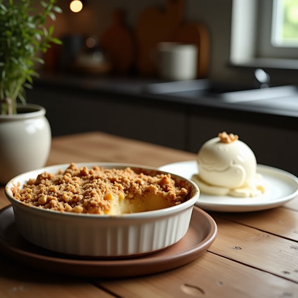 Crumble de Peras y Nuez de Macadamia con Helado de Yogur Griego: Postre Australiano