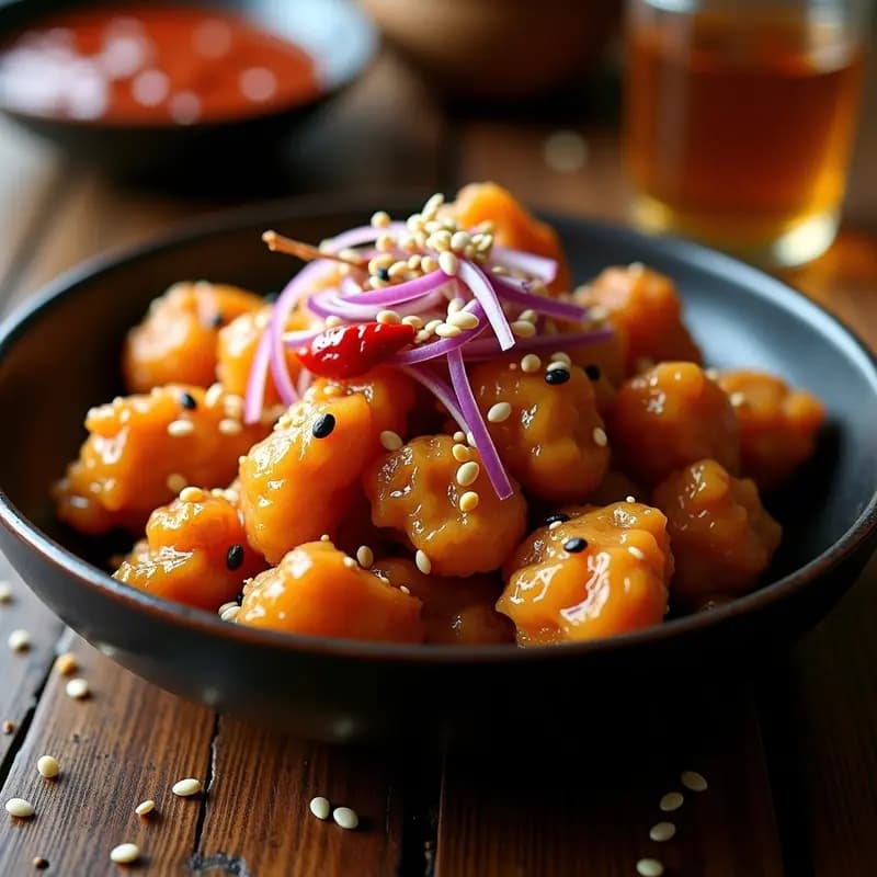 Plato de dakgangjeong coreano de pollo crujiente con miel y sésamo, trozos dorados y brillantes cubiertos de glaseado picante, espolvoreados con semillas de sésamo y cebollino fresco, servido en un bol negro con fondos de cebolla morada.
