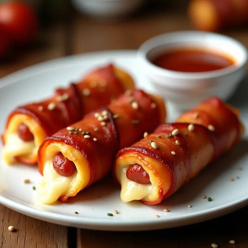 Deditos de Queso Mozzarella Rellenos de Pepperoni y Envueltos en Tocino: Aperitivo Crujiente y Sabroso