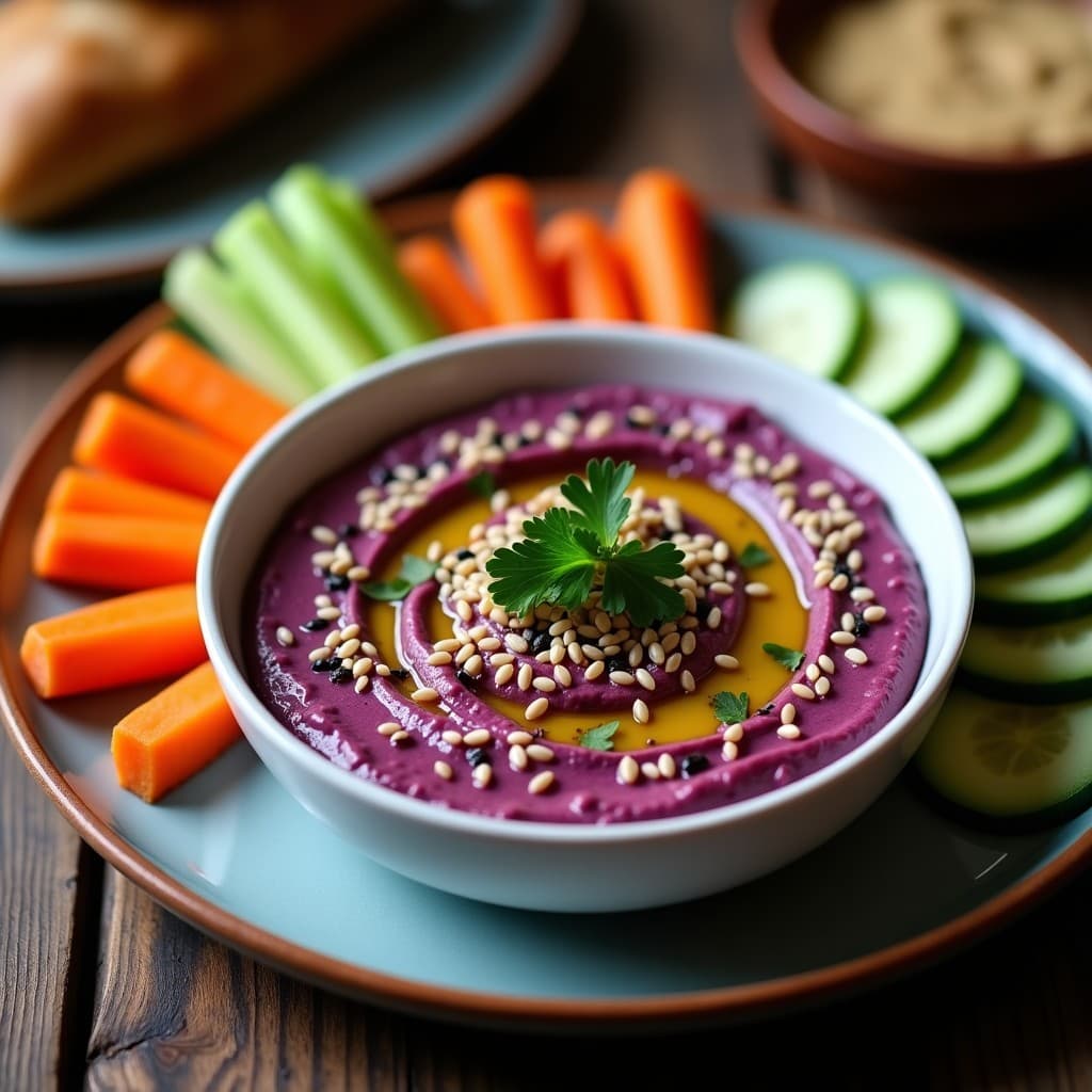 Dip de Batata Morada y Tahini con Crujiente de Sésamo: Aperitivo Libanés en 10 Minutos