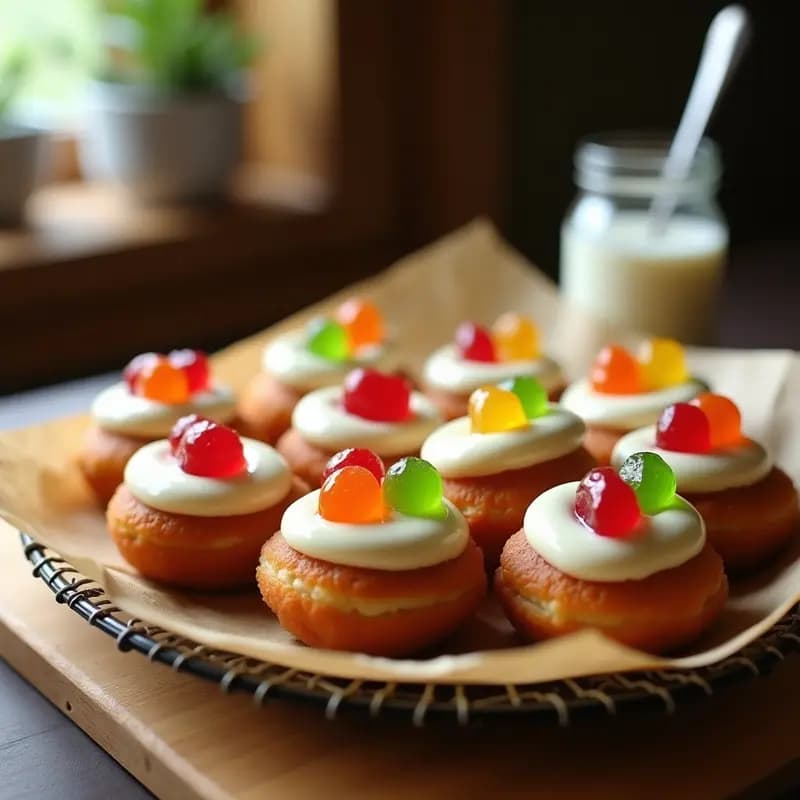 Donas Rellenas de Crema de Avellanas y Cubiertas de Chocolate Blanco y Gomas de Colores