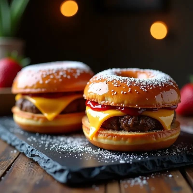 Donut Burgers con Pan de Brioche Glaseado y Relleno de Mermelada y Queso Cheddar