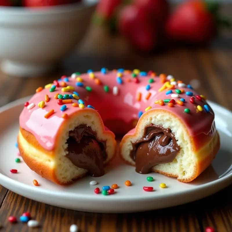 Donut Relleno de Nutella y Queso Crema con Glaseado de Fresa y Sprinkles Arcoíris