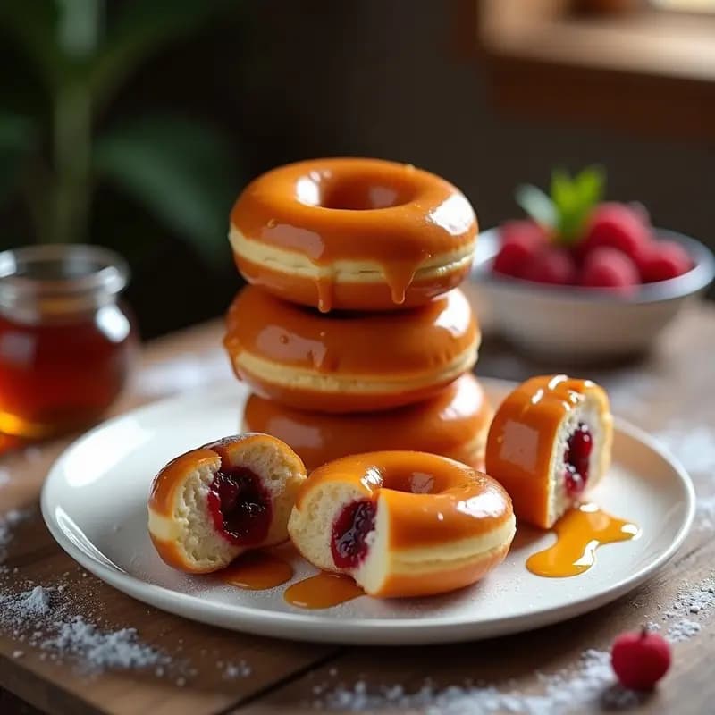 Donuts Glaseados con Jarabe de Arce y Rellenos de Mantequilla de Maní y Mermelada de Frutos Rojos
