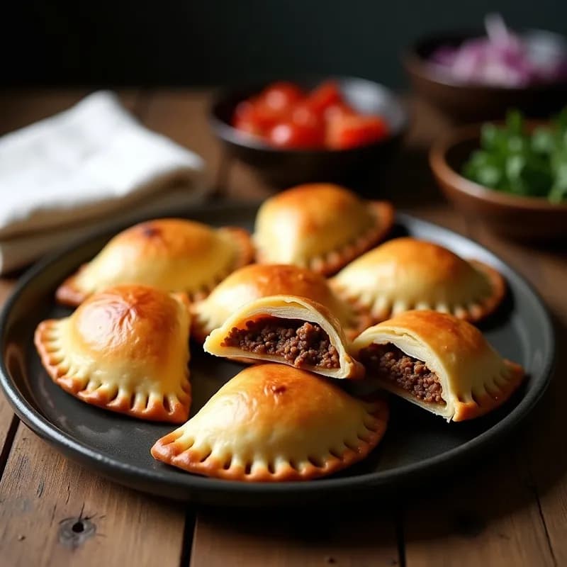 Bandeja de empanadas argentinas de carne cortada al horno, doradas y crujientes, con bordes bien sellados y relleno jugoso visible en el interior, acompañadas de salsa criolla.