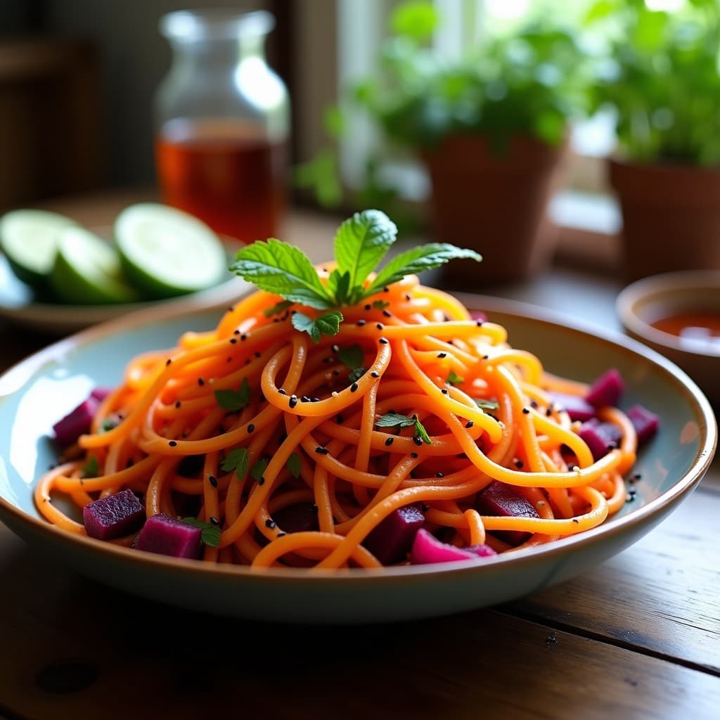 Ensalada de Algodón de Azúcar de Vegetales (Zanahoria y Remolacha) con Aderezo de Vinagre de Bambú: Receta Tailandesa Cruda