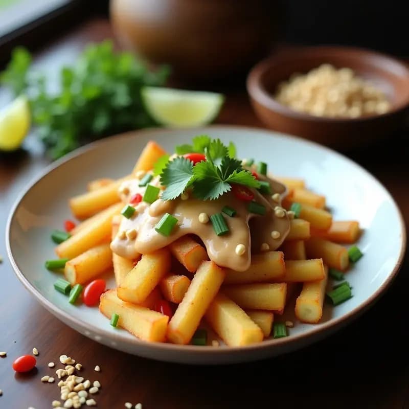 Ensalada de Kentang Goreng con Salsa de Cacahuete y Limón: Receta Indoneisa Vegana y Crujiente