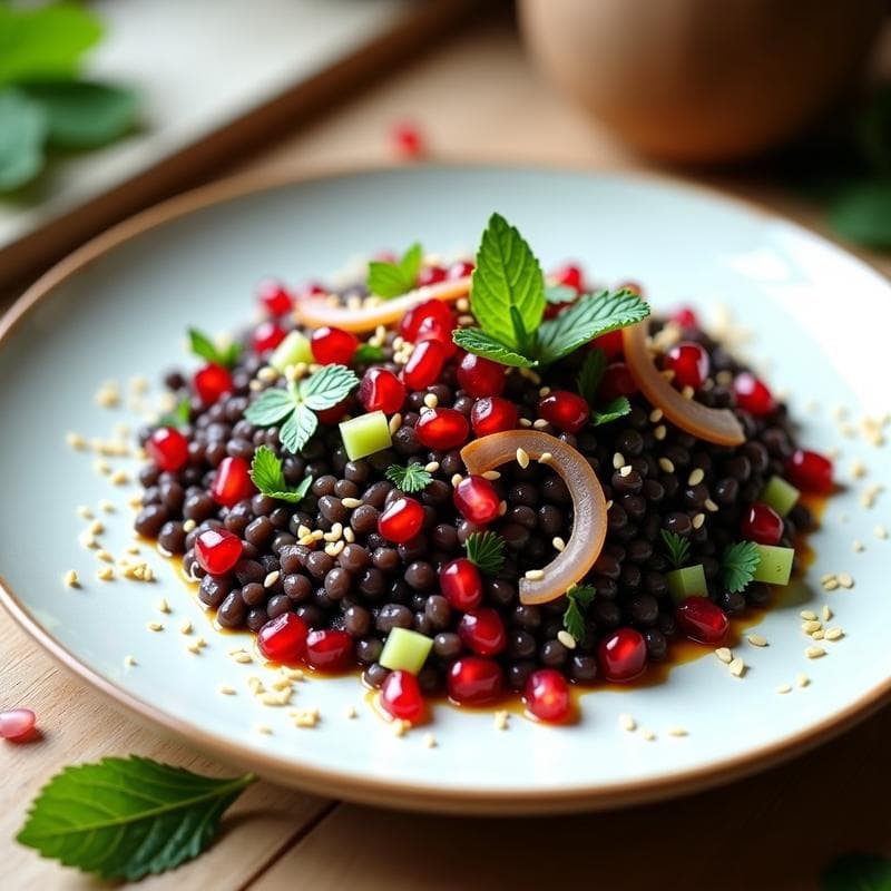 Ensalada de Lentejas Beluga con Granada y Vinagreta de Tamarindo: Receta Persia Vegana y Sin Gluten