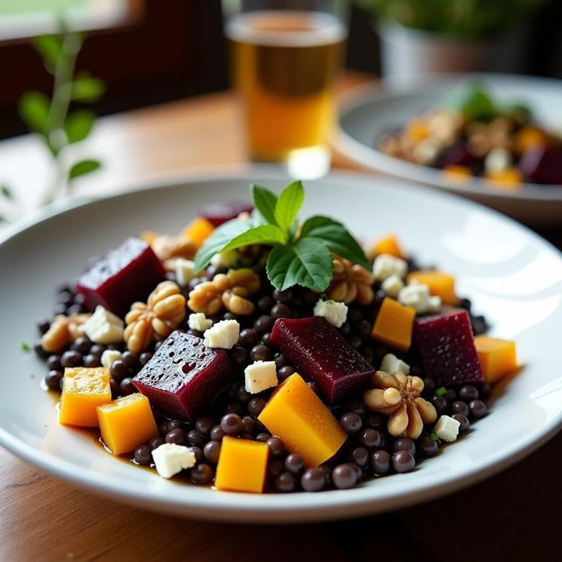 Ensalada de Lentejas Beluga con Remolacha Asada y Queso Feta: Receta Alta en Hierro