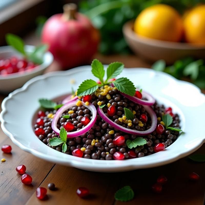 Ensalada de Lentejas Negras y Granada: Receta Iraní con Aderezo de Limón Seco