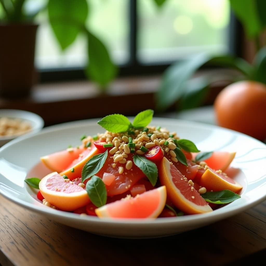 Ensalada de Lichi, Pomelo Rosa y Mentas con Vinagreta de Vinagre de Arroz: Receta Tailandesa Refrescante
