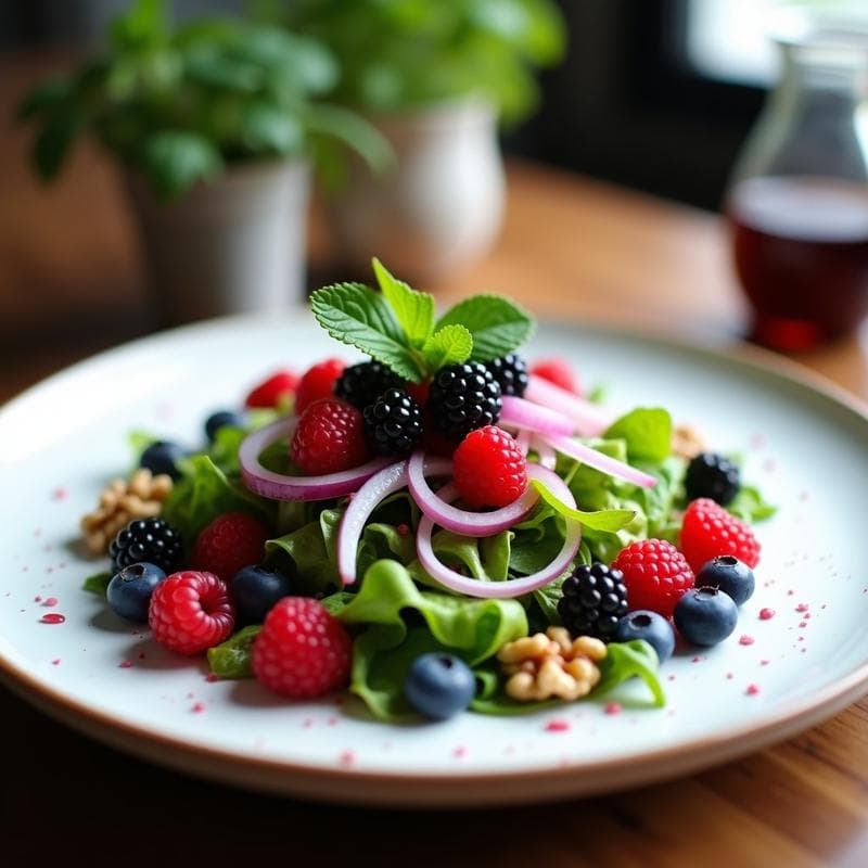 Ensalada de Mache y Frutos Rojos con Vinagreta de Vinagre Balsámico y Reducción de Frambuesa