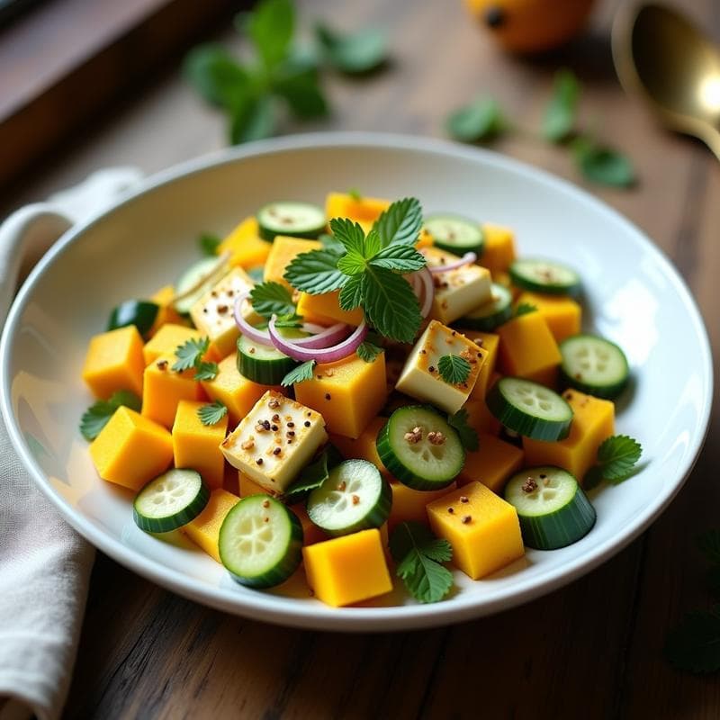 Ensalada de Mango, Pepino y Queso Paneer con Vinagreta de Mostaza: Receta India Fresca y Crujiente