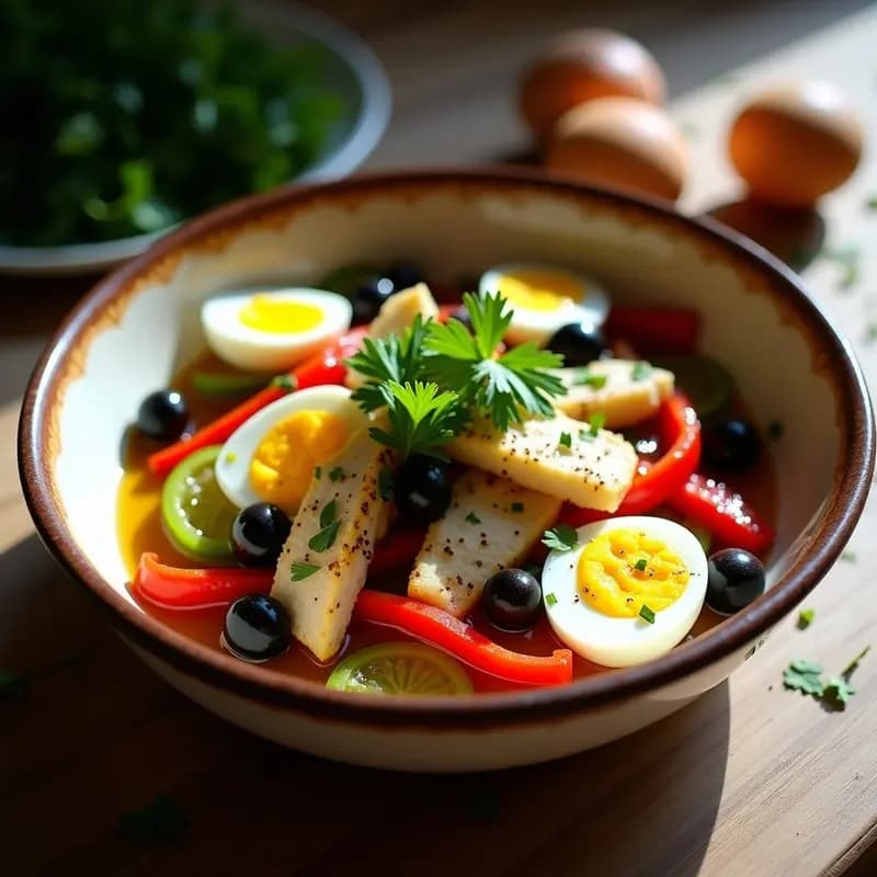 Ensalada de pimientos asados con bacalao y huevo duro: Plato frío extremeño sin gluten
