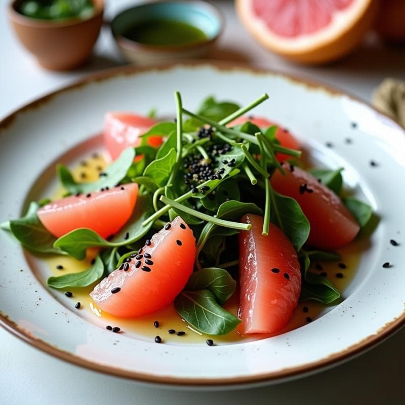 Ensalada de Pomelo Rosa y Rúcula: Receta con Vinagreta de Sésamo Negro y Jengibre