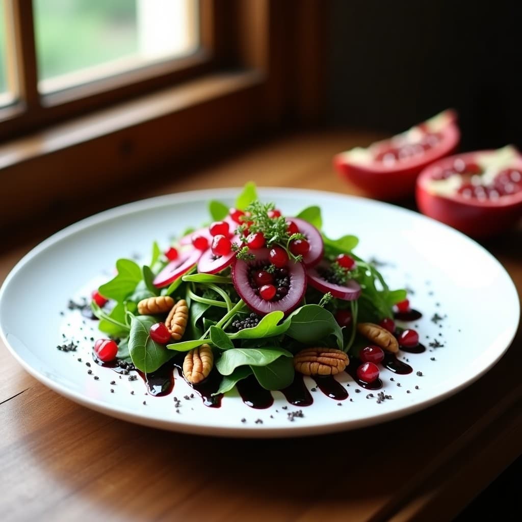 Ensalada de Rúcula y Granos de Granada con Aderezo de Vinagre Balsámico Negreado: Receta Gourmet