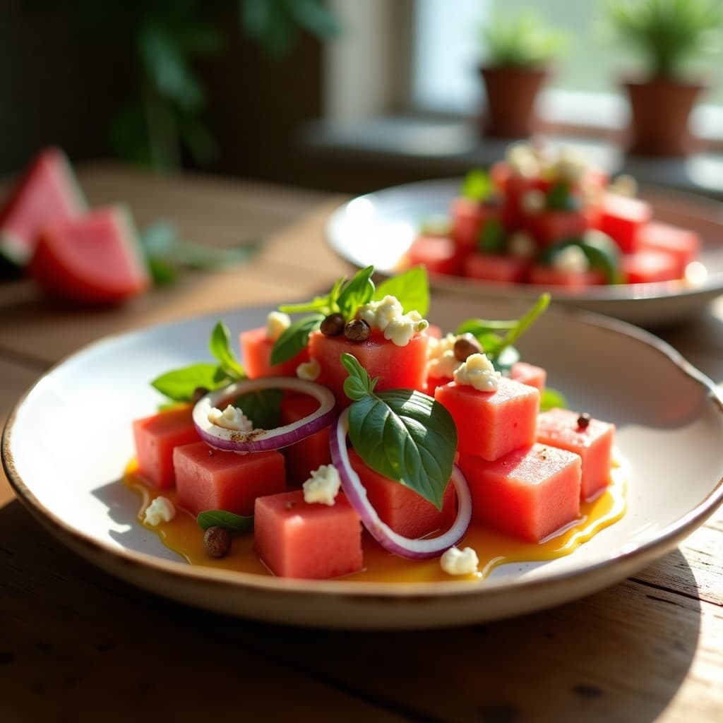 Ensalada de Watermelon y Queso Feta con Vinagreta de Pimienta Rosa: Receta Sophia Loren en 10 Minutos