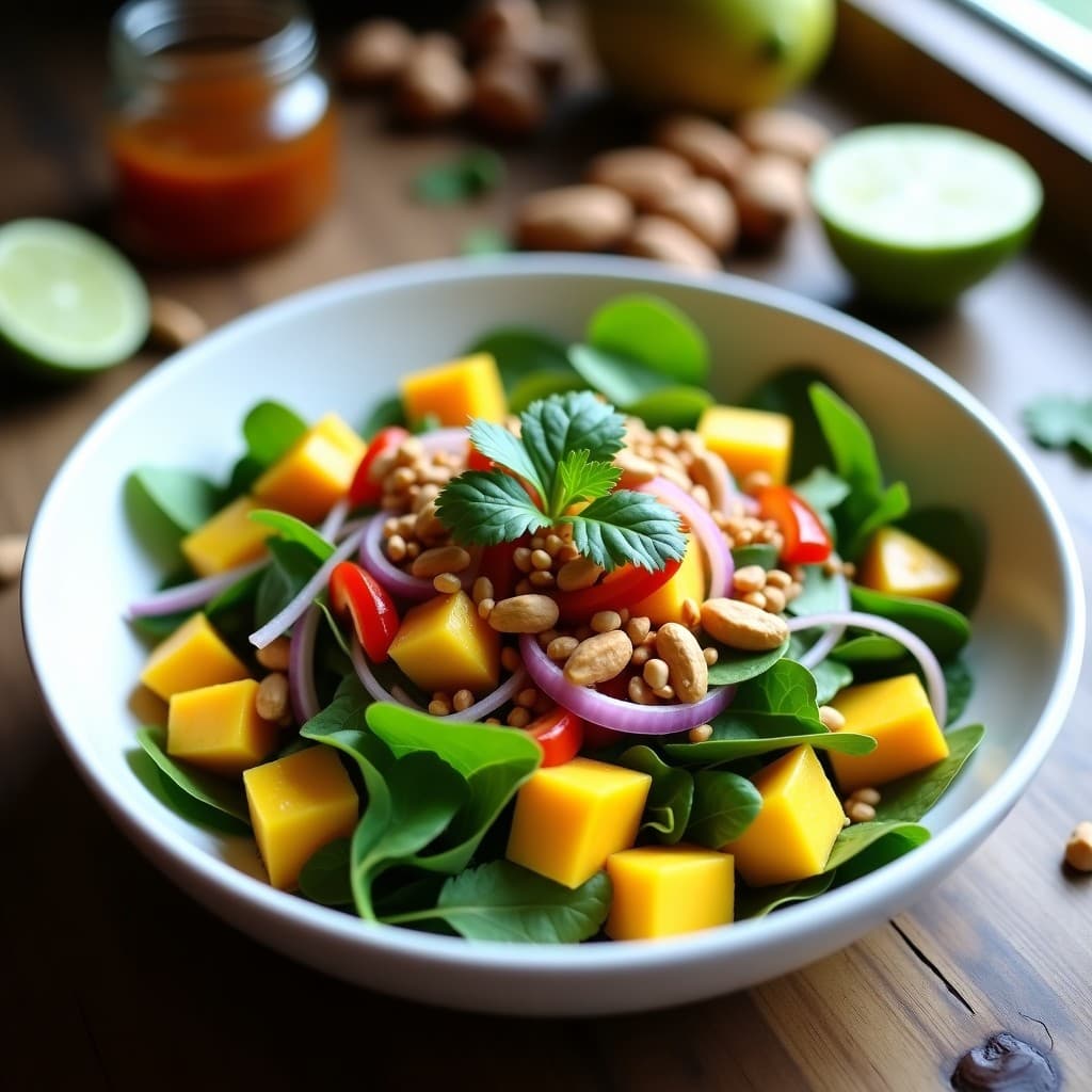 Ensalada de Watercress, Mango y Cacahuates con Aderezo de Tamarindo: Receta Vegana Alta en Hierro