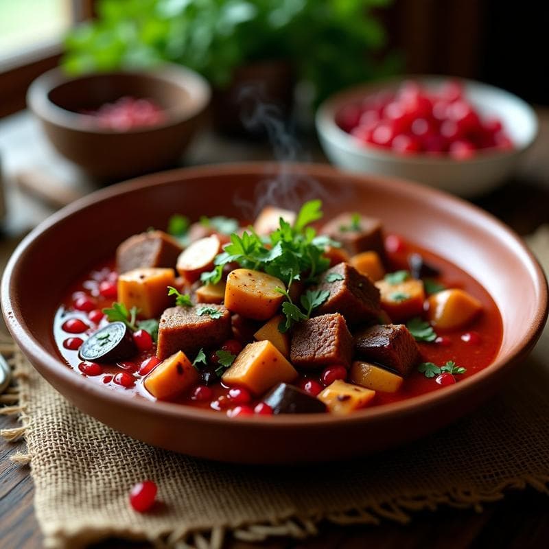 Estofado de Berenjena y Cordero con Salsa de Granados: Receta Georgiana Tradicional