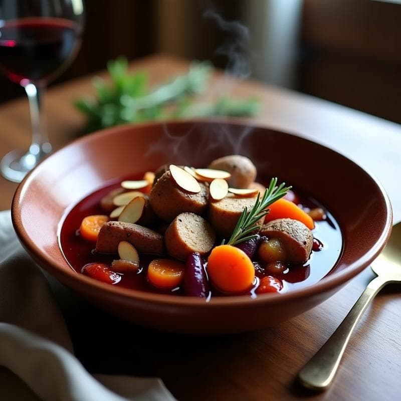 Estofado de Seitan al Vino Tinto con Champiñones y Hierbas Provenzales: Receta Francesa en Olla Exprés
