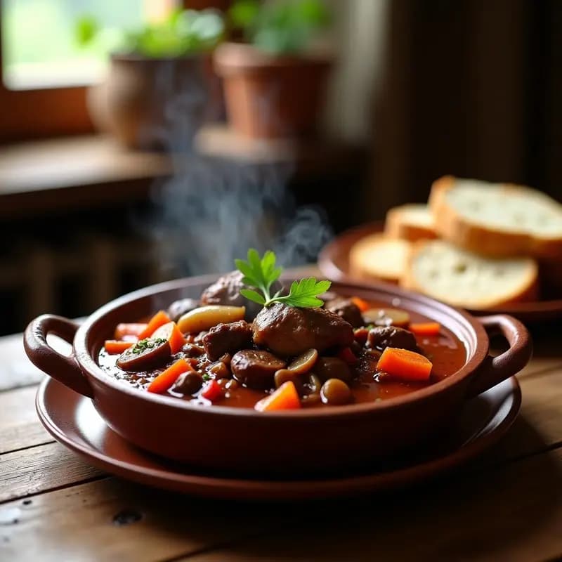 Estofado de ternera con setas y vino tinto: Guiso aragonés de cuchara lento en olla