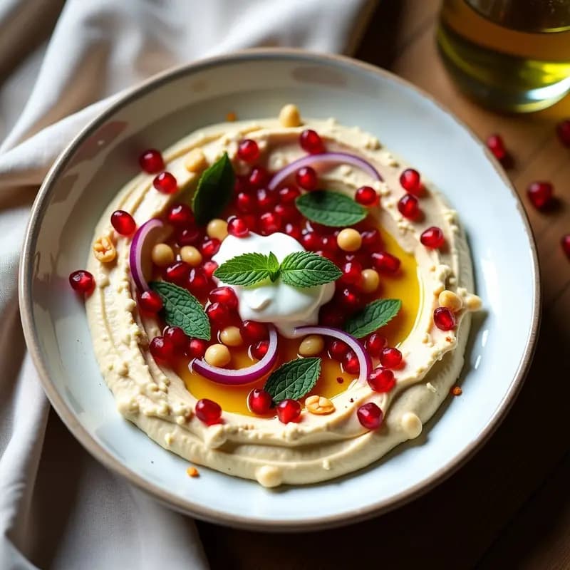 Fattenh de Hummus con Granada y Piñones: Desayuno Palestino Alto en Proteínas