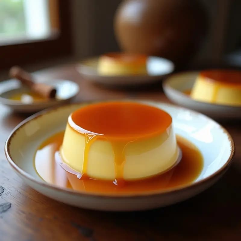 Flan dorado y cremoso desmoldado sobre un plato blanco, con caramelo líquido de miel y canela resbalando por los bordes. Textura sedosa y brillo natural, típico del postre de la abuela sin lácteos.