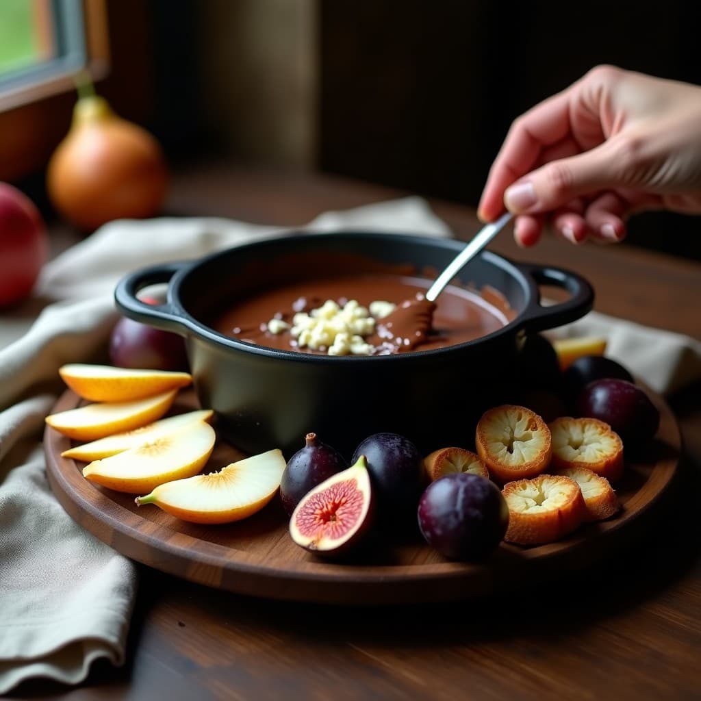 Fondue de Chocolate y Queso Azul con Frutas de Temporada: Postre Francés Dulce-Salado