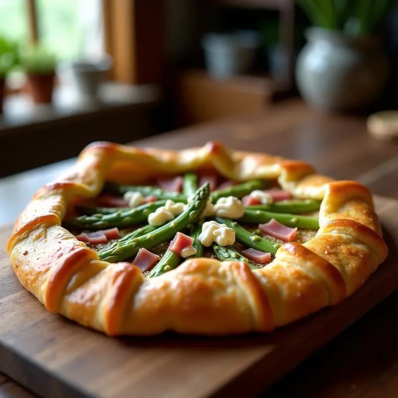 Galette de Espárragos Blancos y Jamón Serrano con Crema de Ajo Negro: Tarta Salada Francesa