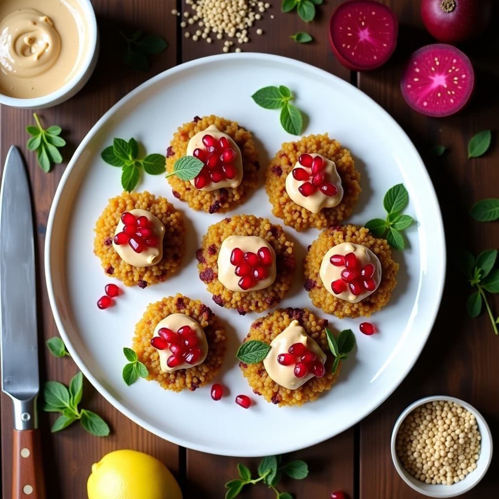 Galettes de Quinoa y Remolacha con Crema de Tahini y Granada: Aperitivo Vegano Crudivegano
