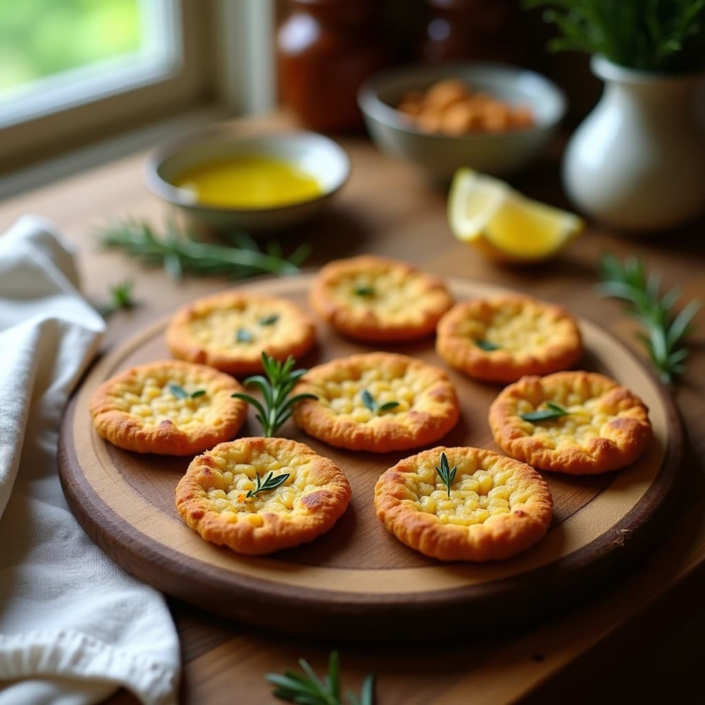 Galletas doradas y crujientes de lentejas con hierbas provenzales sobre una tabla de madera rústica, acompañadas de ramitas frescas de tomillo y romero, receta de aperitivo francés en airfryer.